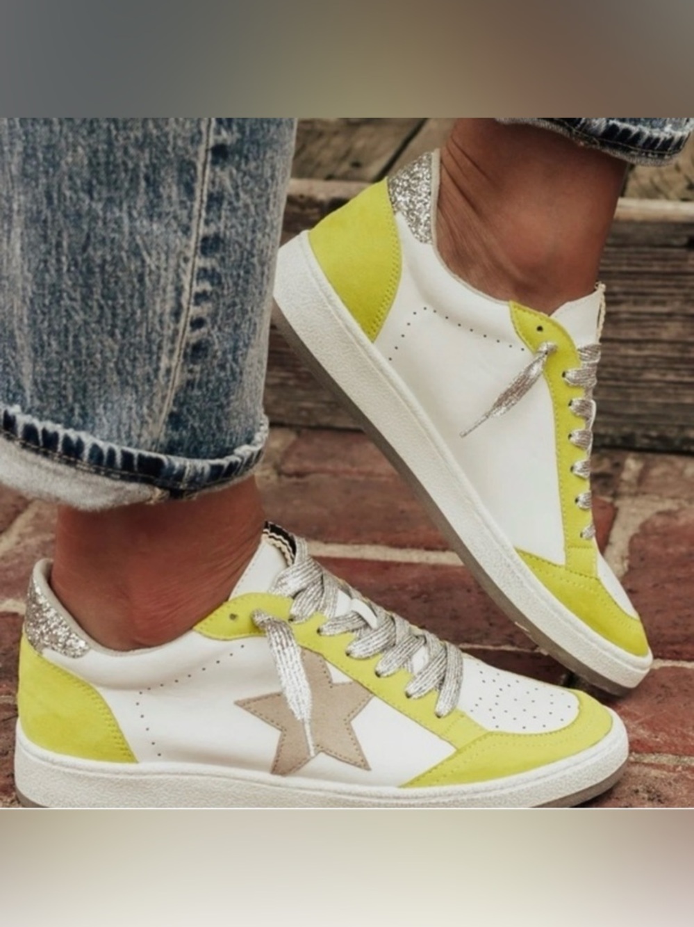 ShuShop Paz Sneakers White & Lime green  Silver Glitter Star Size 6.5